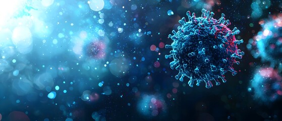 A blue and red virus is shown in the air