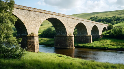 Fototapeta premium Scottish Highlands Stone Bridge with rolling hills and river views, classic European retreat