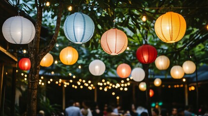 Colorful Lanterns Illuminate Evening Street Market