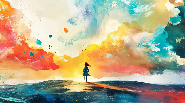child stands on hilltop surrounded by vibrant, colorful clouds and dynamic sky, evoking sense of wonder and creativity. scene blends imagination and nature in dreamlike atmosphere
