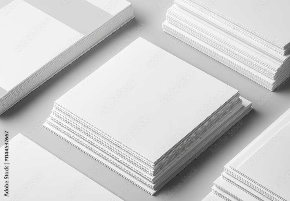 Poster flat lay of neatly stacked blank white paper sheets on a smooth gray surface for creative design, of