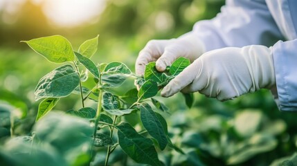 Scientist examining plant leaves in field.