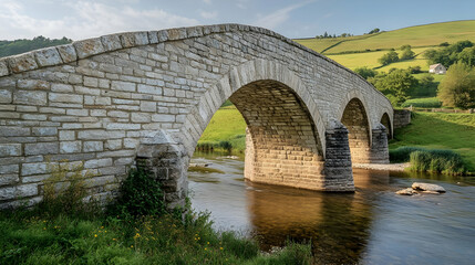 Fototapeta premium Scottish Highlands Stone Bridge with rolling hills and river views, classic European retreat