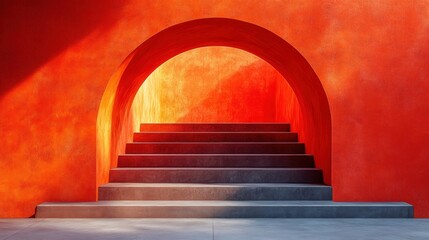 Gray stone stairs ascending through a vibrant orange arched doorway.