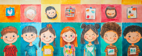 Children smiling in front of colorful classroom wall decorated with their creative artwork, showcasing cheerful and vibrant atmosphere