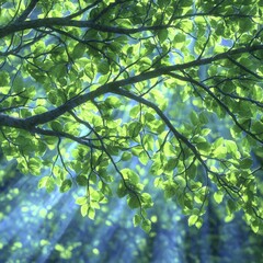 Fototapeta premium Sunlit Green Leaves Nature Background Spring Foliage Forest Canopy Lush Greenery Sunl