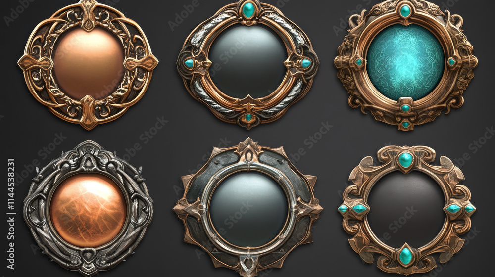 Poster ui game level button or avatar badge frame icon. medieval gold, silver and bronze rpg progress medal