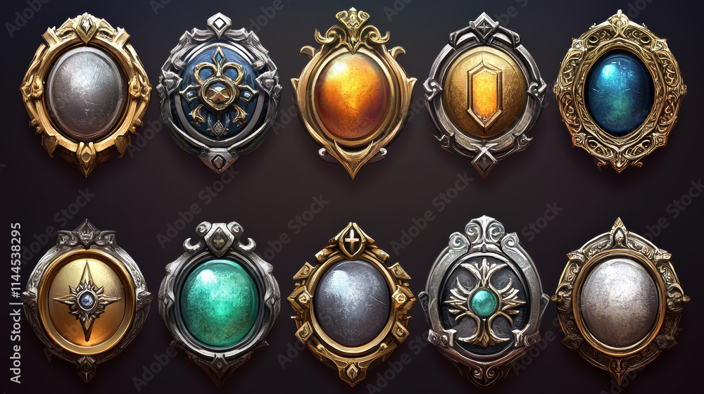Poster ui game level button or avatar badge frame icon. medieval gold, silver and bronze rpg progress medal