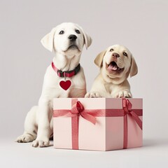 Adorable Puppies in a Pink Gift Box with Red Valentine’s Heart Collar