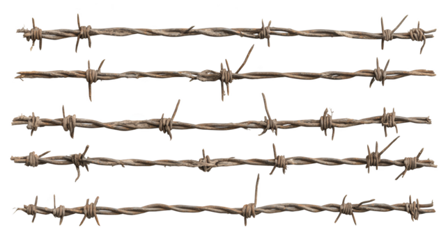 Intricate closeup, barbed wire fence, sharp barbs, and interwoven metallic design for security boundary protection