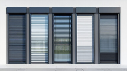 Glass door or tall window with rolling shutter isolated on transparent background. Vector realistic set of closed and open roller up for door or window, gray black metal blind for office store facade