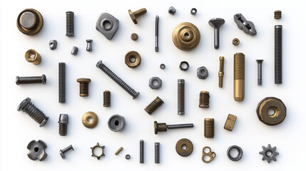 Old screw and nail heads set, golden metal bolts, grunge rusty rivets hardware yellow caps with grooves and holes top view isolated on transparent background. Realistic 3d vector illustration, icons