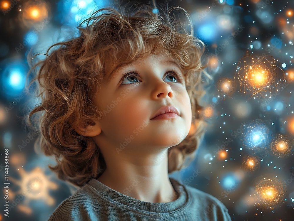 Poster curious child exploring the wonders of the atomic world through virtual science simulation