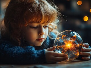 Naklejka premium Curious Child Exploring the Wonders of the Virtual Universe in Science Class