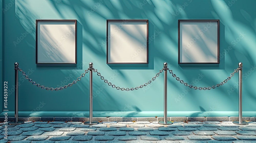 Poster three empty frames on a turquoise wall, separated by a chain barrier.