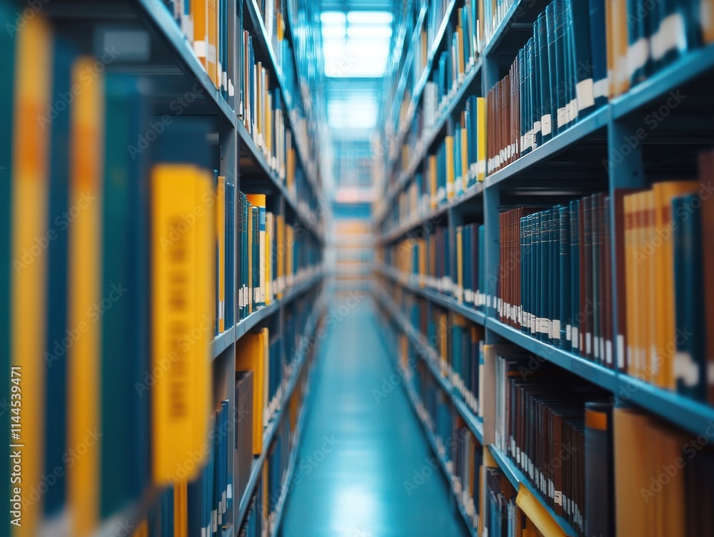 Poster inviting view of a cozy library aisle filled with colorful books on shelves and soft natural light f