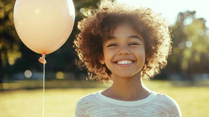A joyful child smiling while holding a balloon on a sunny day in a park