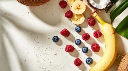 Tropical fruit arrangement with banana, raspberries, blueberries, and coconuts on white background.