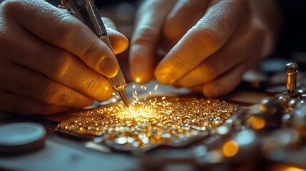 Close-up of Skilled Artisan Soldering Intricate Jewelry Design with Precision Lighting : Generative AI