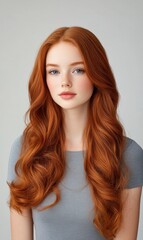 Fototapeta premium Portrait of a young woman with long wavy red hair and natural makeup against a soft neutral background