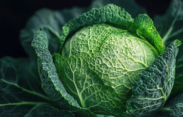 Fototapeta premium Fresh green cabbage with textured leaves in natural lighting showcases the vibrant colors and intricate patterns