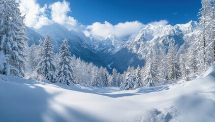 Majestic Winter Landscape with Snow-Covered Mountains and Evergreen Trees Under a Blue Sky on a Sunny Day in a Serene Wilderness Scene