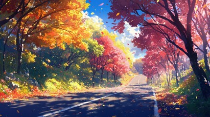 Vibrant autumn landscape with a winding road.
