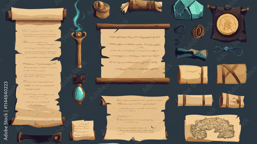 Poster ancient parchment scroll and paper page with text, ribbon and stamp. cartoon game ui vector illustra