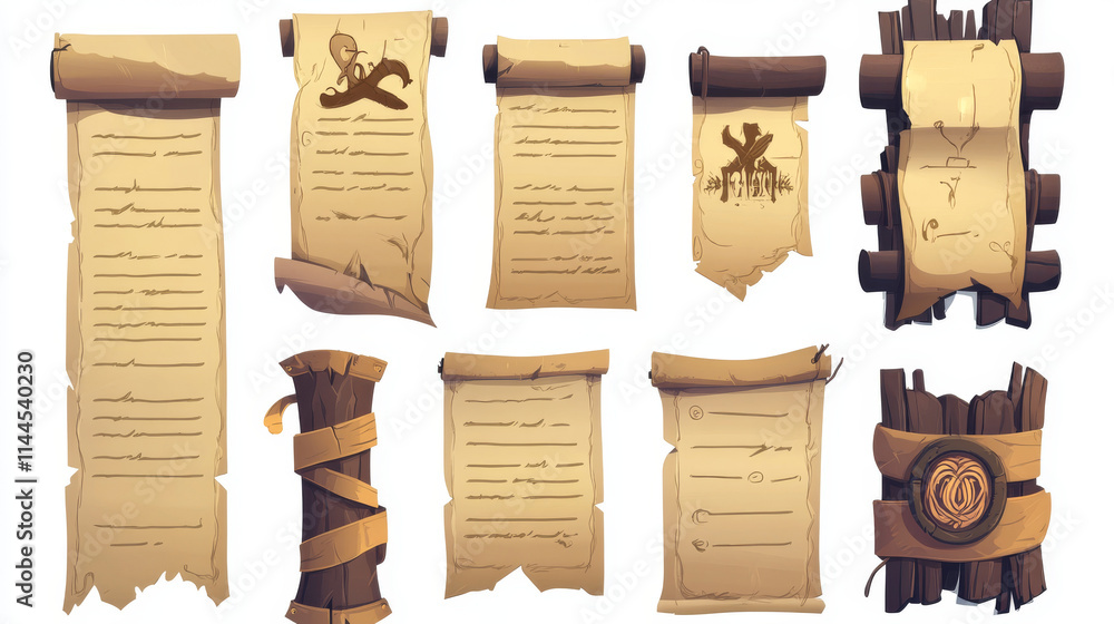 Aufkleber ancient parchment scroll and paper page with text, ribbon and stamp. cartoon game ui vector illustra