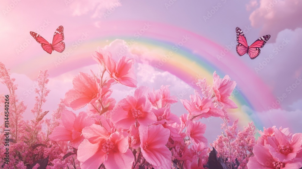 Poster a colorful composition of pink flowers in full bloom with butterflies in flight under a radiant rain