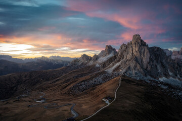 Passo Giau in Italian Dolomites during Sunset