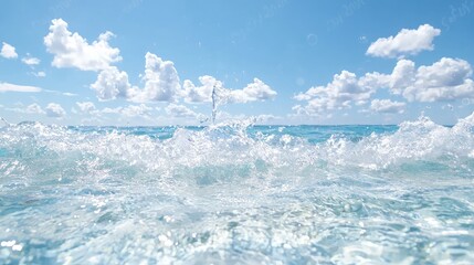Sparkling ocean waves under a bright sunny sky with fluffy clouds.