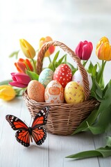 Brightly colored Easter eggs arranged in a wicker basket surrounded by vibrant tulips and a butterfly resting
