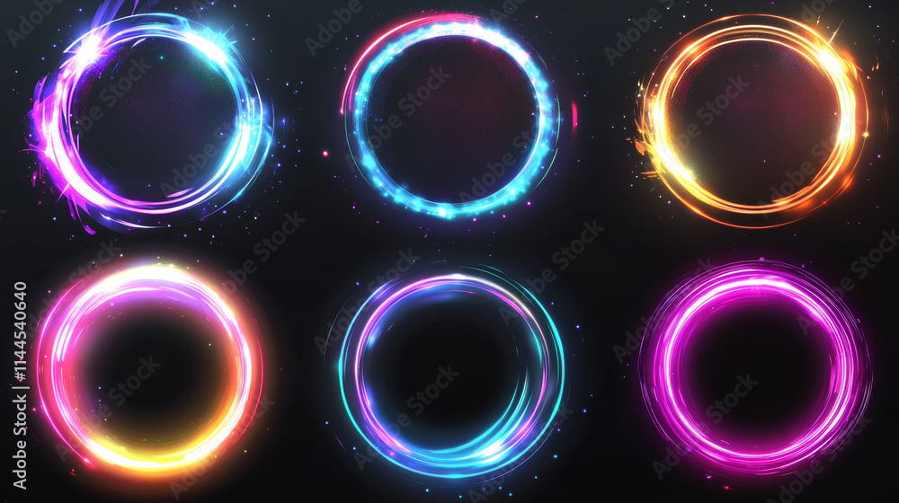 Poster neon light circle halo with overlay effect on transparent background. realistic 3d vector illustrati
