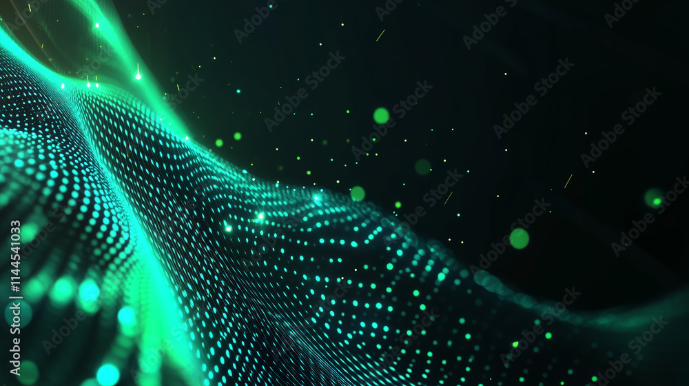 Aufkleber dynamic digital wave with glowing particles in green color illuminating against a dark background
