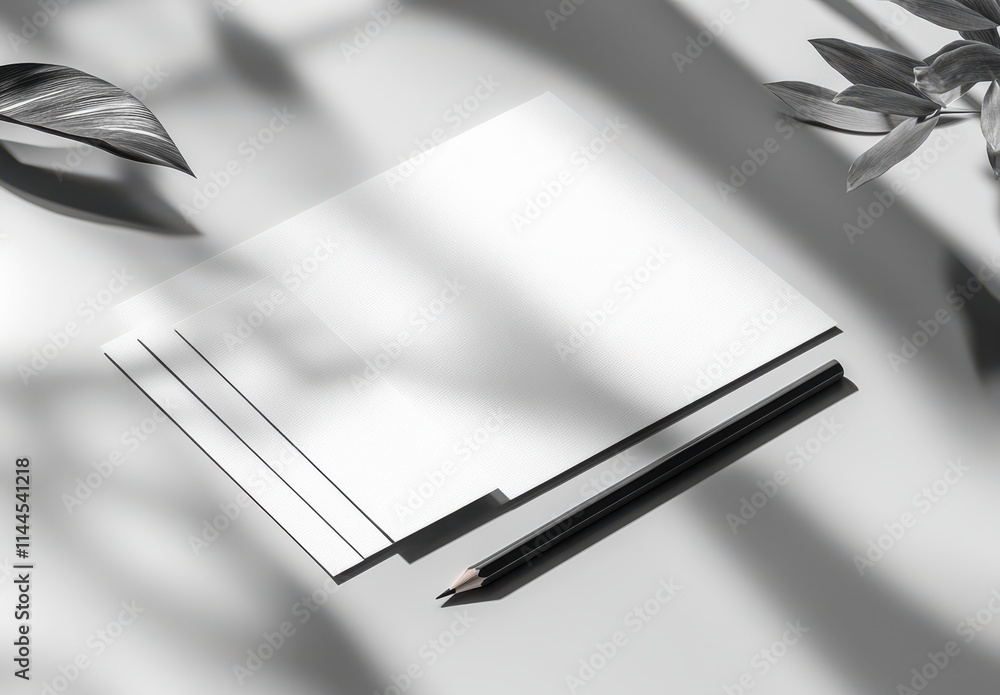 Poster minimalist white paper and pencil on light background with soft shadows creating an elegant workspac