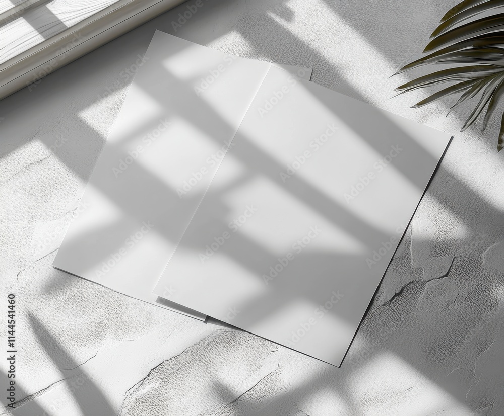 Aufkleber minimalistic composition featuring blank sheets of paper on a light textured surface with natural sh