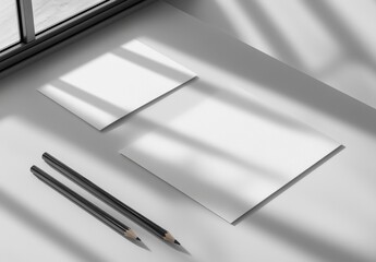 Minimalist Workspace with Blank Sheets of Paper and Pencils, Natural Light Casting Shadows on Clean Surface, Ideal for Creative Inspiration and Design Projects