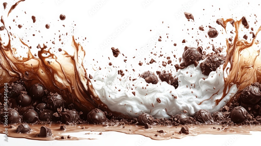 Poster dynamic splash of chocolate and cream with floating cocoa balls against a white background for culin