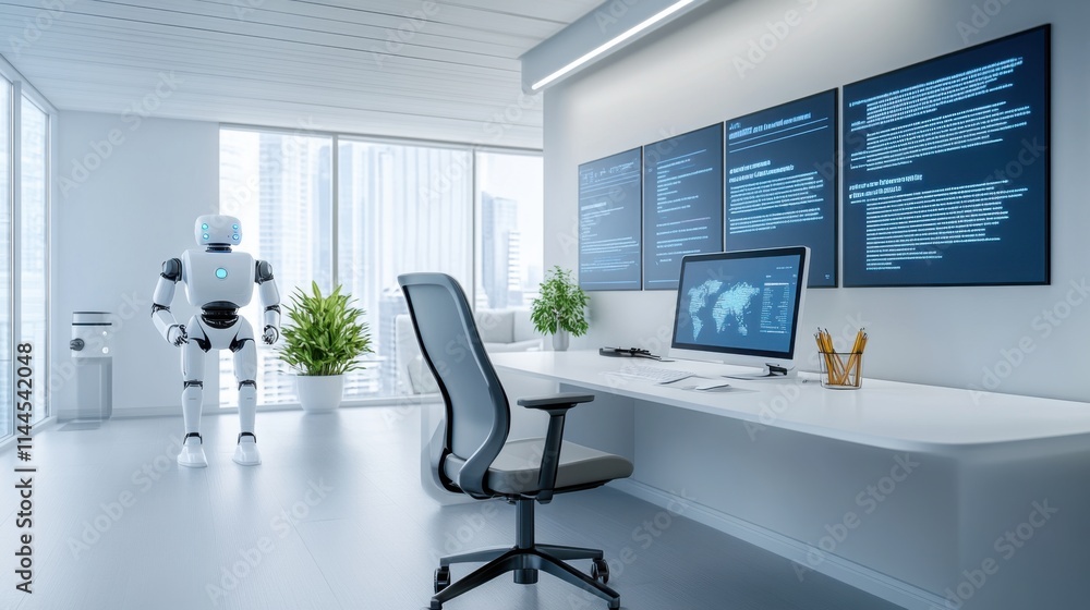 Poster modern office with robot assistant in high-tech workspace surrounded by large windows and plants