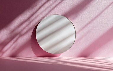 Round mirror on pink wall with sunlight shadows.