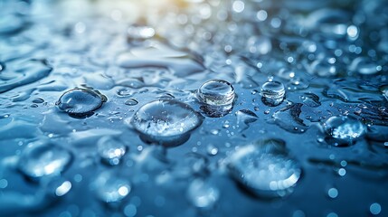 High-resolution macro image of water droplets accentuating their clarity on smooth blue-toned surface