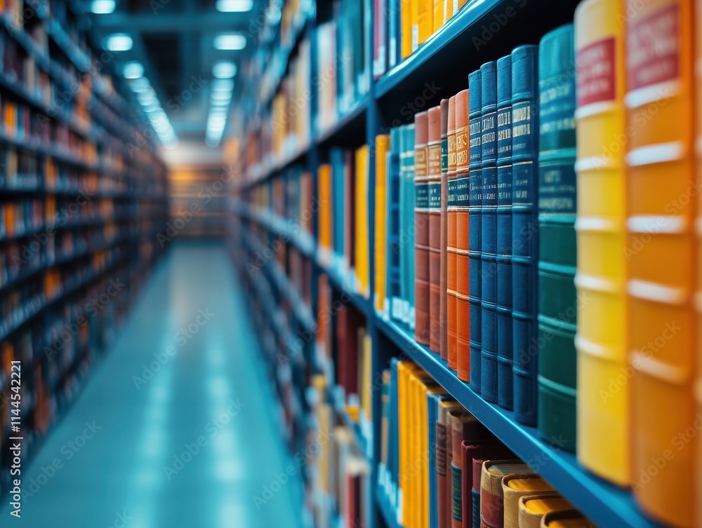 Poster rows of colorful books on bookshelves in a library with blurred background highlighting the perspect