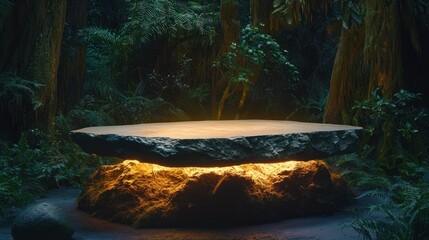 A glowing stone table in a lush forest setting.