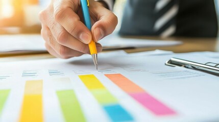 Hand holding a pen over colorful data charts.