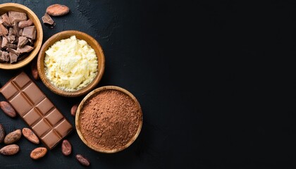  Cocoa beans, chocolate, cocoa butter and cocoa powder on a black background 