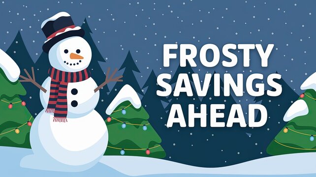 Frosty savings ahead with a cheerful snowman in a winter landscape