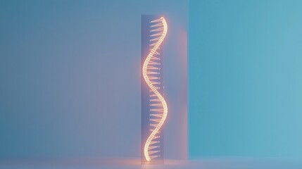 Neon DNA helix sculpture in a minimalist setting.