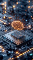 Floating futuristic quantum chip connected to a digital brain with glowing pathways