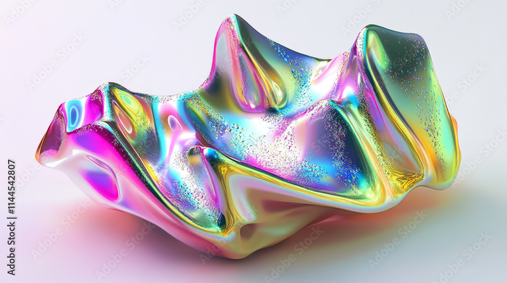 Poster 3d y2k hologram shape. abstract liquid figure render. geometric glass element object with iridescent